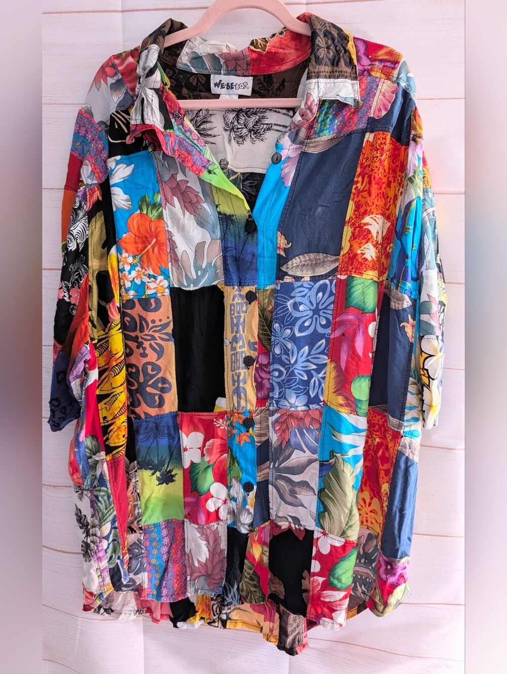 Vintage WE'BE'BOP Button-Up Rayon Shirt — Multicolor Floral Patchwork Artist